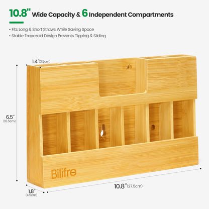 Bamboo Straw Holder Organizer for Cabinet Door, 10.8" Magnetic Straw Organizer with 6 Compartments for Long & Short Reusable Straws, Fridge, Counter & Wall Mount
