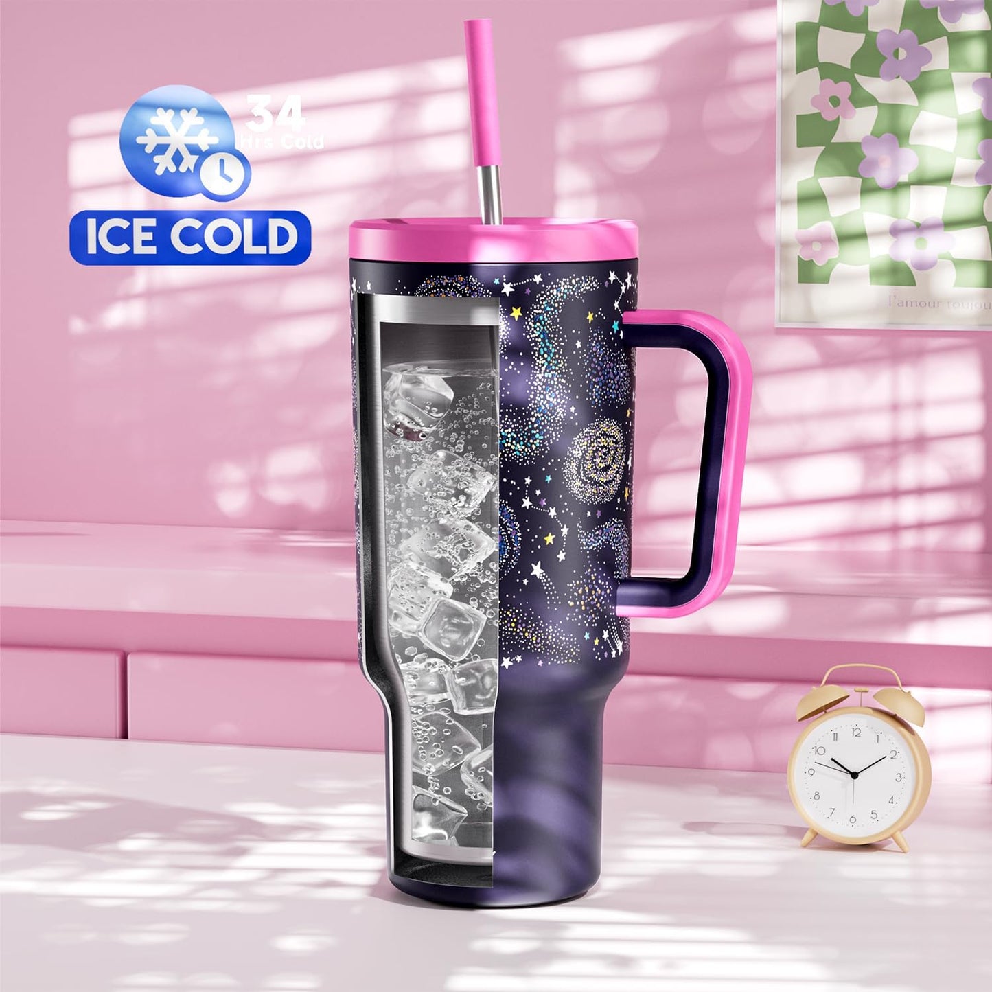 Meoky 40 oz Tumbler with Handle and Straw: Stainless Steel Insulated Tumbler with Lid and Straw - 100% Leak Proof Tumbler for Car Cup Holders - Travelers Commuters Workers, Donut