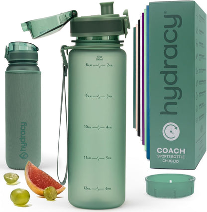 Hydracy Water Bottle with Time Marker -Large BPA Free Water Bottle & No Sweat Sleeve -Leak Proof Gym Bottle with Times to Drink - Ideal for Fitness Sports & Outdoors