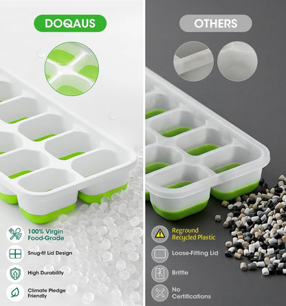DOQAUS Ice Cube Tray with Lid and Bin - 4 Pack Silicone Ice Cube Trays for Freezer, Stackable Ice Bucket Kits with Storage Container & Scoop for Kitchen, RV, Cocktail, Coffee