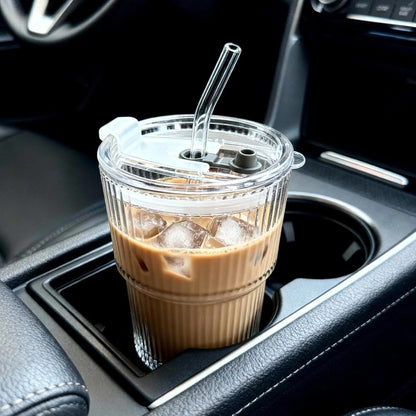 Ribbed Glass Tumbler with Lid and Straws, Resuable Ice Coffee Cups, To Go Iced Coffee Cups for Water, Smoothie, Matcha, Iced Tea Fruit Juice, Clear, 13oz, Set of 2