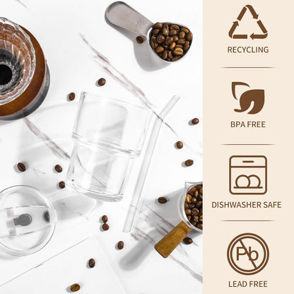 15oz Iced Coffee Cups with Lids Reusable,2Pcs Glass Matcha Cups,Glass Cups with Lids and Straws,Clear Glass Coffee Tumbler for Drinking Water,Tea,Juice