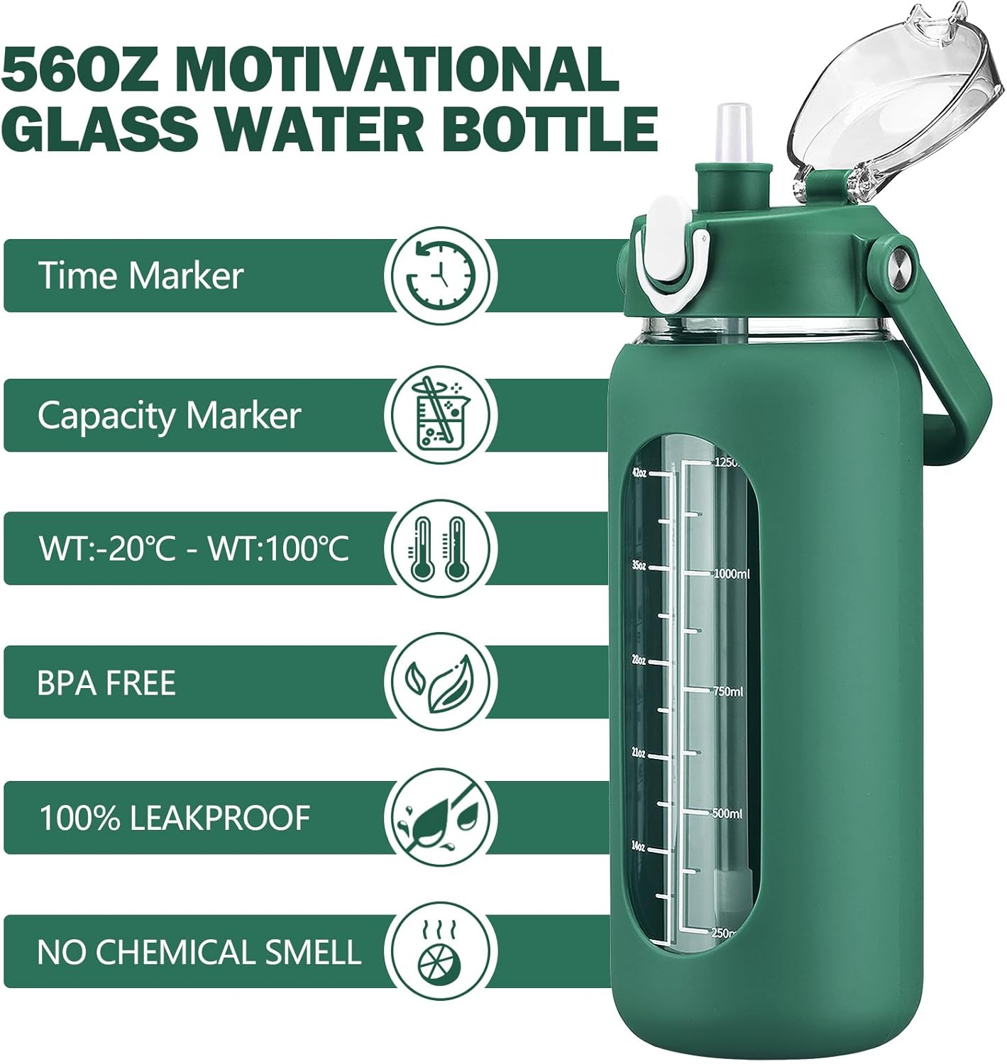64oz Glass Water Bottles with Straw, Half Gallon Motivational Glass Bottle with Silicone Sleeve and Time Marker, 2L Leakproof Large Glass Water Jug for Gym Home Office,olive