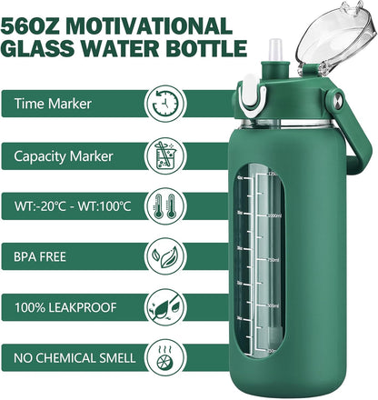 64oz Glass Water Bottles with Straw, Half Gallon Motivational Glass Bottle with Silicone Sleeve and Time Marker, 2L Leakproof Large Glass Water Jug for Gym Home Office,olive