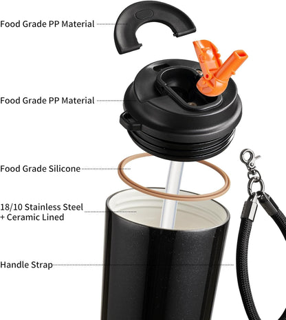 TKK Coffee Cup with Ceramic Coating - 14oz Insulated Stainless Steel Travel Mug, Leak-Proof Tumblers with Straw for Hot/Cold Beverages, Easy Wide Mouth Cleaning, White