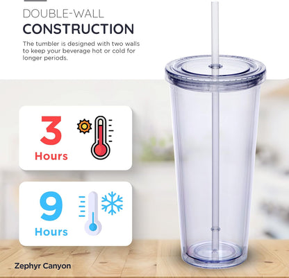 24oz Double Wall Plastic Tumblers with Lids and Straws | Large Classic Travel Tumbler | 4 Pack Set of 4 | Clear Reusable Cups with Straws | BPA Free