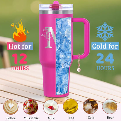 Personalized 40 oz Monogrammed Tumbler with Handle and Flip Straw Lid, 100% Leak Proof stainless steel Insulated Tumbler, Customized Initial Funny Gifts for Women Mom Sisters Coworker, A