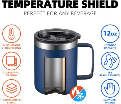 12oz Insulated Coffee Mug Cup with Handle, Stainless Steel Travel Coffee Mug with Flip Lid, Double Wall Vacuum Coffee Tumbler, Navy