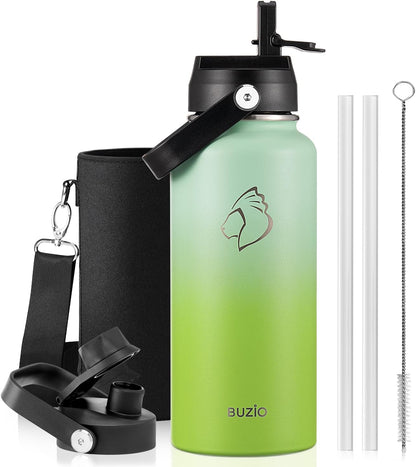 BUZIO 40oz Insulated Water Bottle, Triple Wall Vacuum Stainless Steel Water Flask with 2 lids, Lead-Free BPA-Free Straw Lid Sports Canteen Jug, Cold 48H & Hot 24H- Black - Colors A