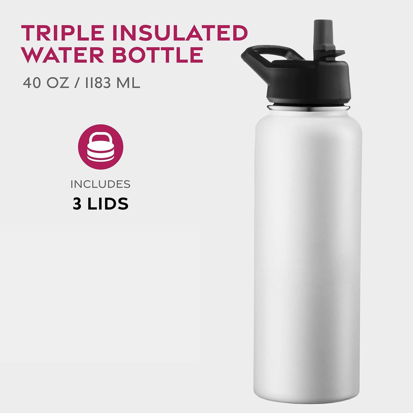 FineDine Water Bottle - Stainless Steel Insulated Water Bottle with Straw Lid, Flip Lid & Wide-Mouth Cap - Keeps Hot and Cold - 25 Oz / 739ml - Dreamy Purple