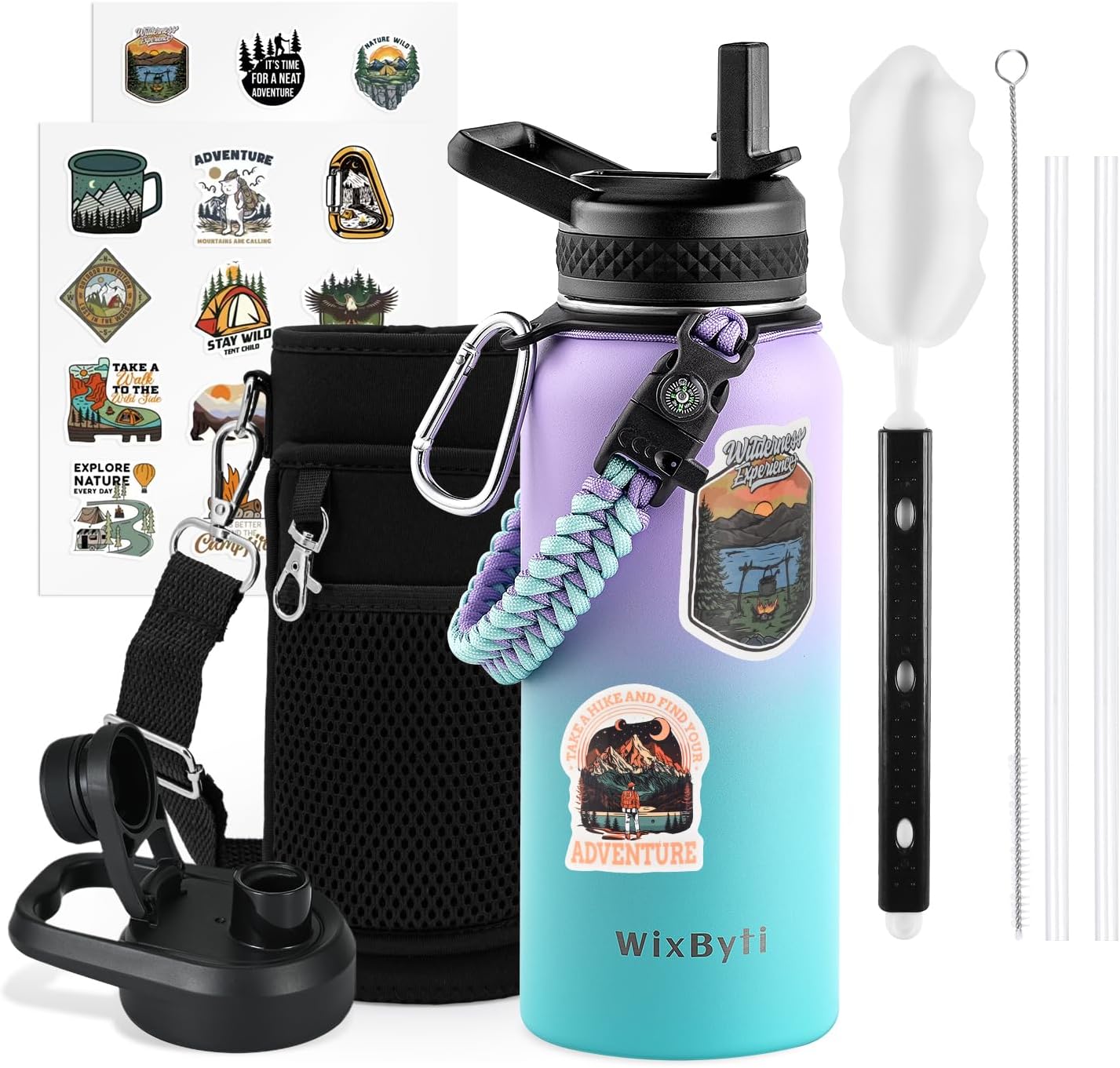 WixByti 40 oz Insulated Water Bottle with Straw (Cold for 36 Hrs), Stainless Steel Triple Wall Vacuum Sports Water Jug, Leakproof Hydro Cup Flask with Paracord Handle & Straw Spout Lids & DIY Stickers