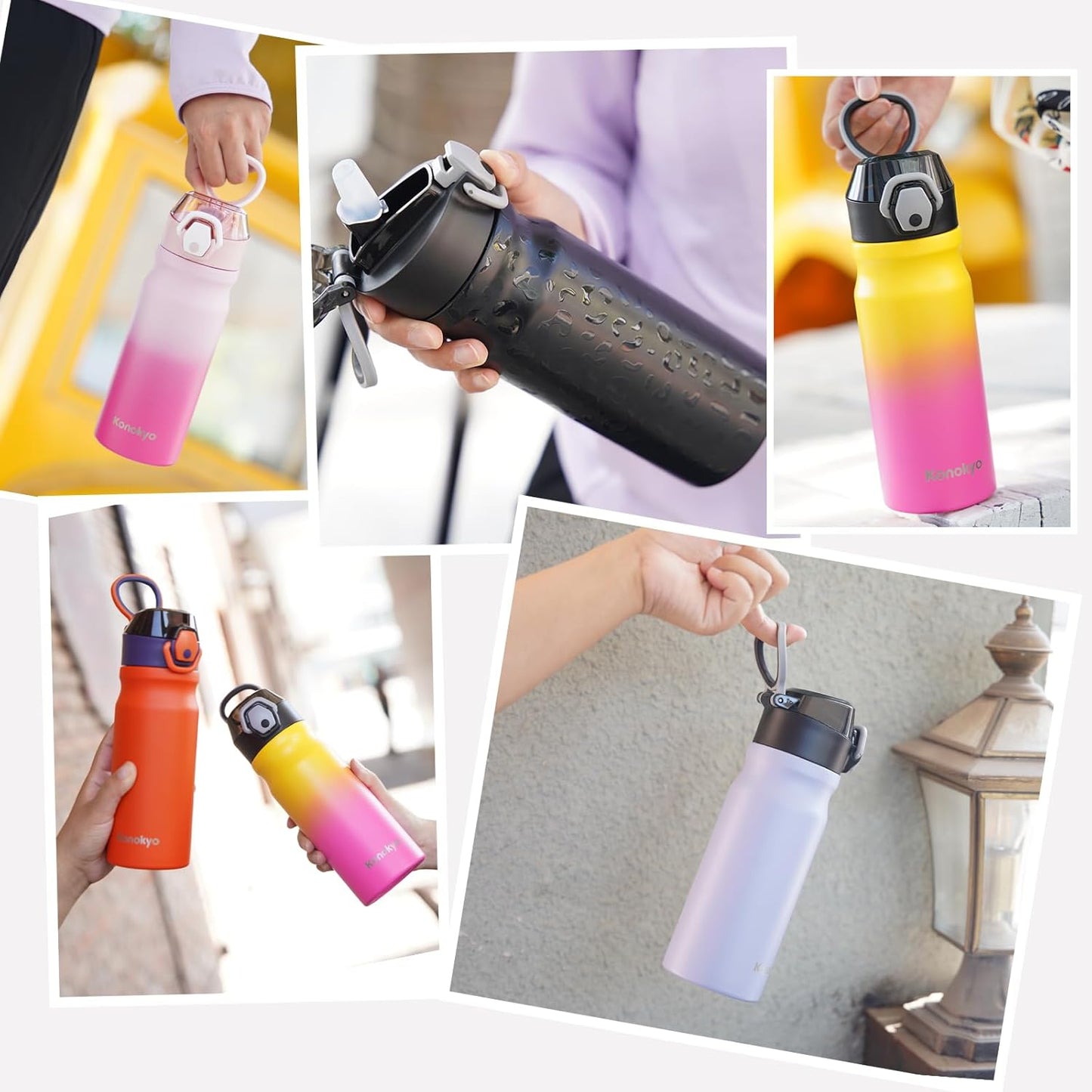 Konokyo 18 oz Insulated Water Bottle with Straw Lid, Stainless Steel Vacuum Sports Water Bottle, Leak-Proof Reusable Metal Flask with Carry Loop, BPA-Free Travel Bottle for Gym, School, Office