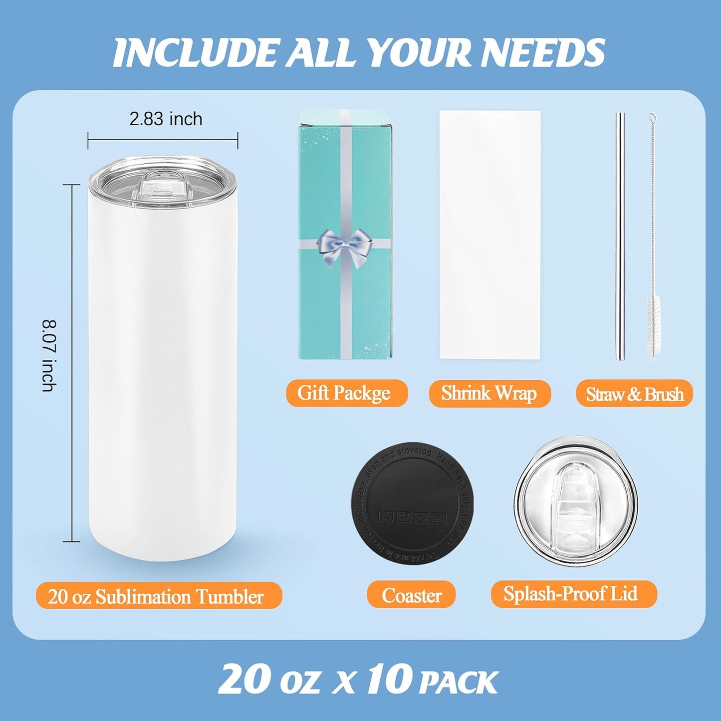 Joyclub Sublimation Tumblers Blanks 20 oz 10 Pack Skinny Straight Tumblers Bulk Stainless Steel Insulated Sublimation Cups with Lid and Straw, Gift Box
