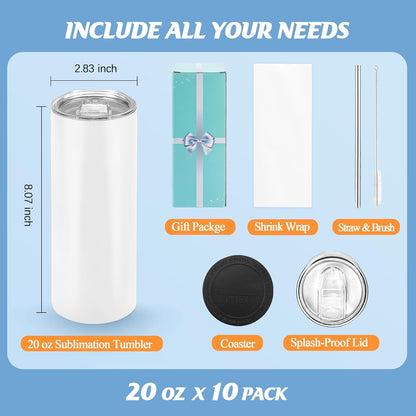 Joyclub Sublimation Tumblers Blanks 20 oz 10 Pack Skinny Straight Tumblers Bulk Stainless Steel Insulated Sublimation Cups with Lid and Straw, Gift Box