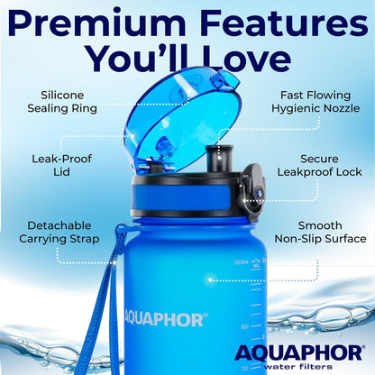 Nakii Filtered Water Bottle, Leakproof, BPA-Free, Motivational Markings, Travel, Everyday Use. 40-Gallon Filter, Replaces 300 Plastic Water Bottles. Includes 1 Filter, 22 FL Oz, Grey by Aquaphor