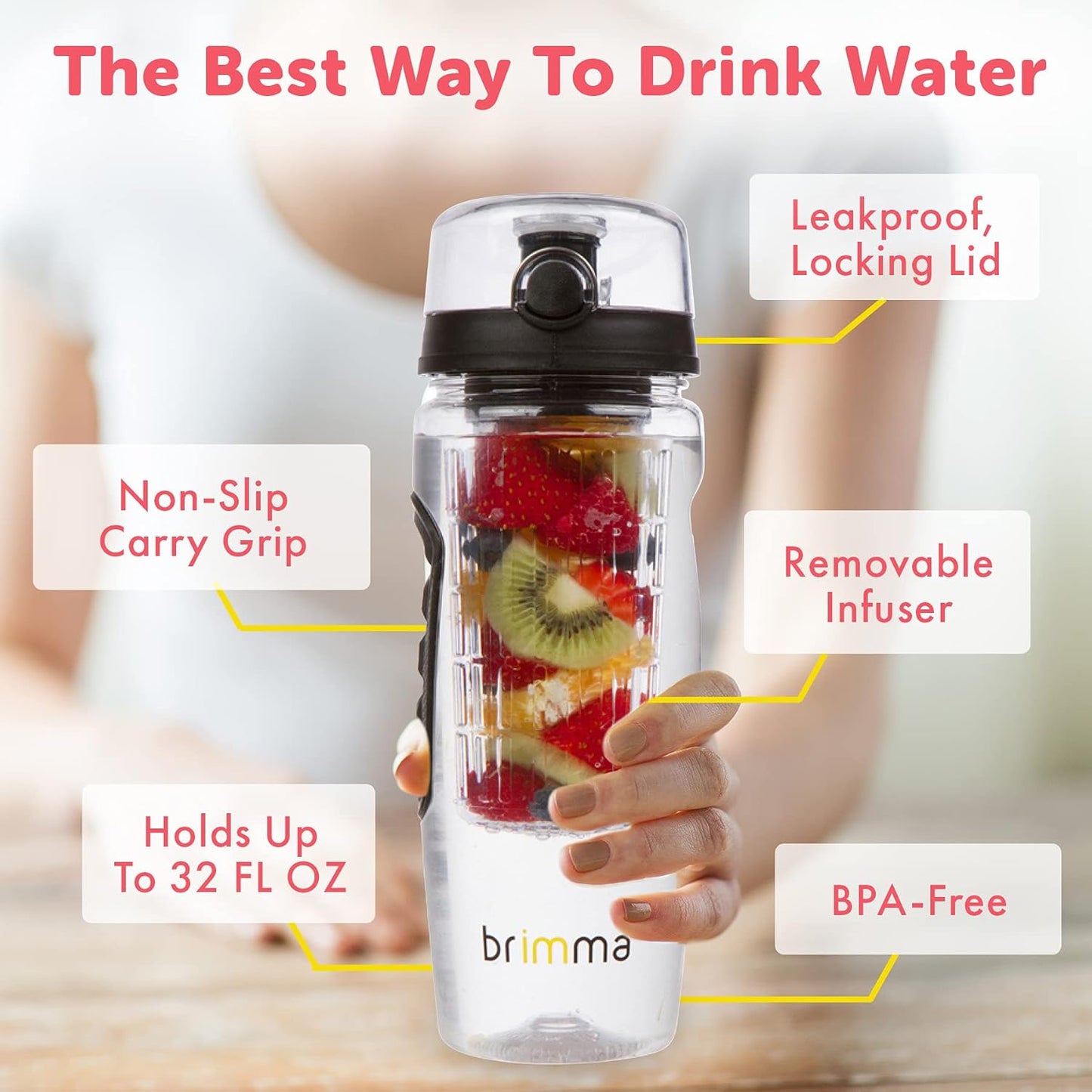 Brimma Fruit Infuser Water Bottle - 32 oz Large, Leakproof Plastic Fruit Infusion Water Bottle for Gym, Camping, and Travel