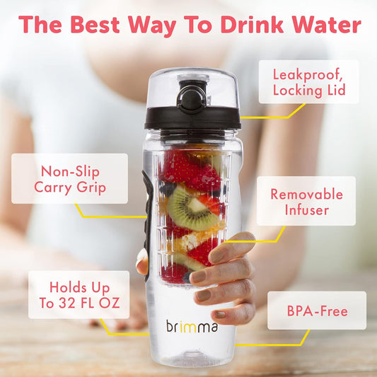 Brimma Fruit Infuser Water Bottle - 32 oz Large, Leakproof Plastic Fruit Infusion Water Bottle for Gym, Camping, and Travel