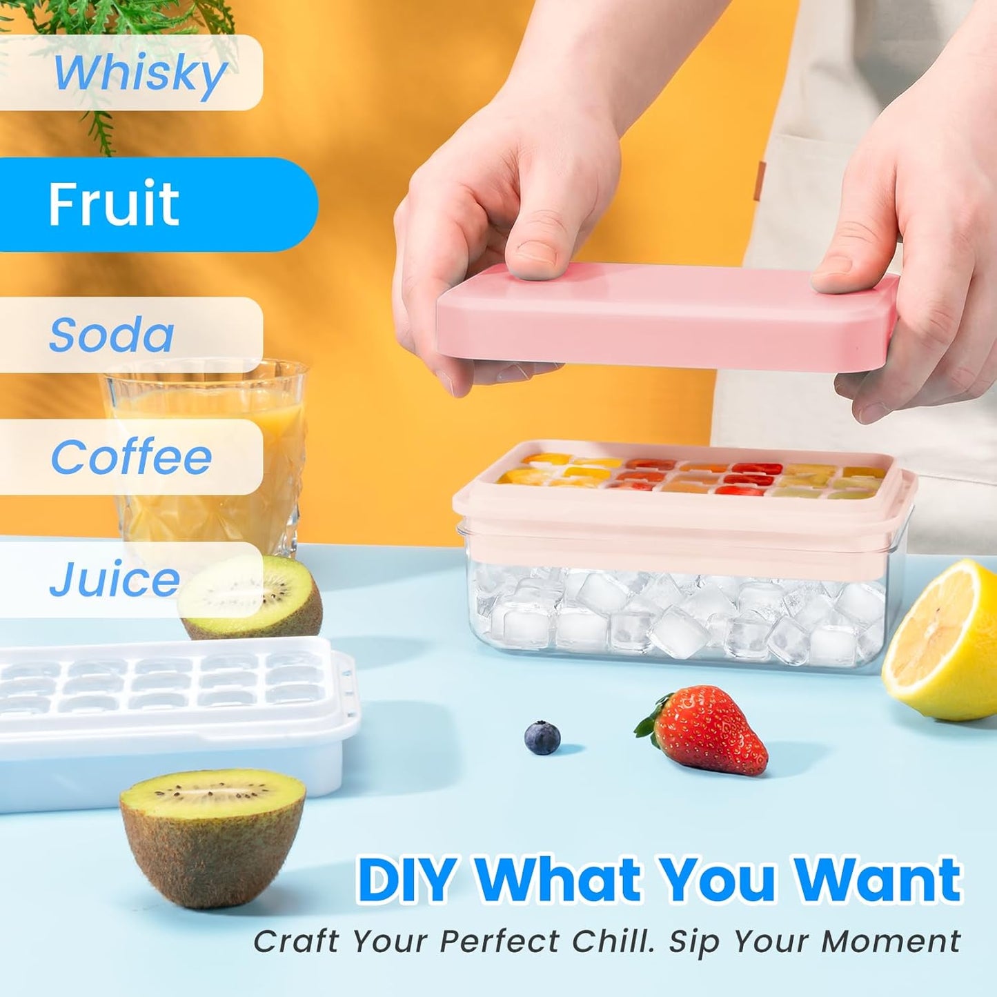 Ice Cube Tray with Lid and Bin, PHINOX 56 pcs Ice Trays for Freezer, Ice Cube Trays for Freezer with 2 trays, Container, Lid & Ice Scoop, BPA Free