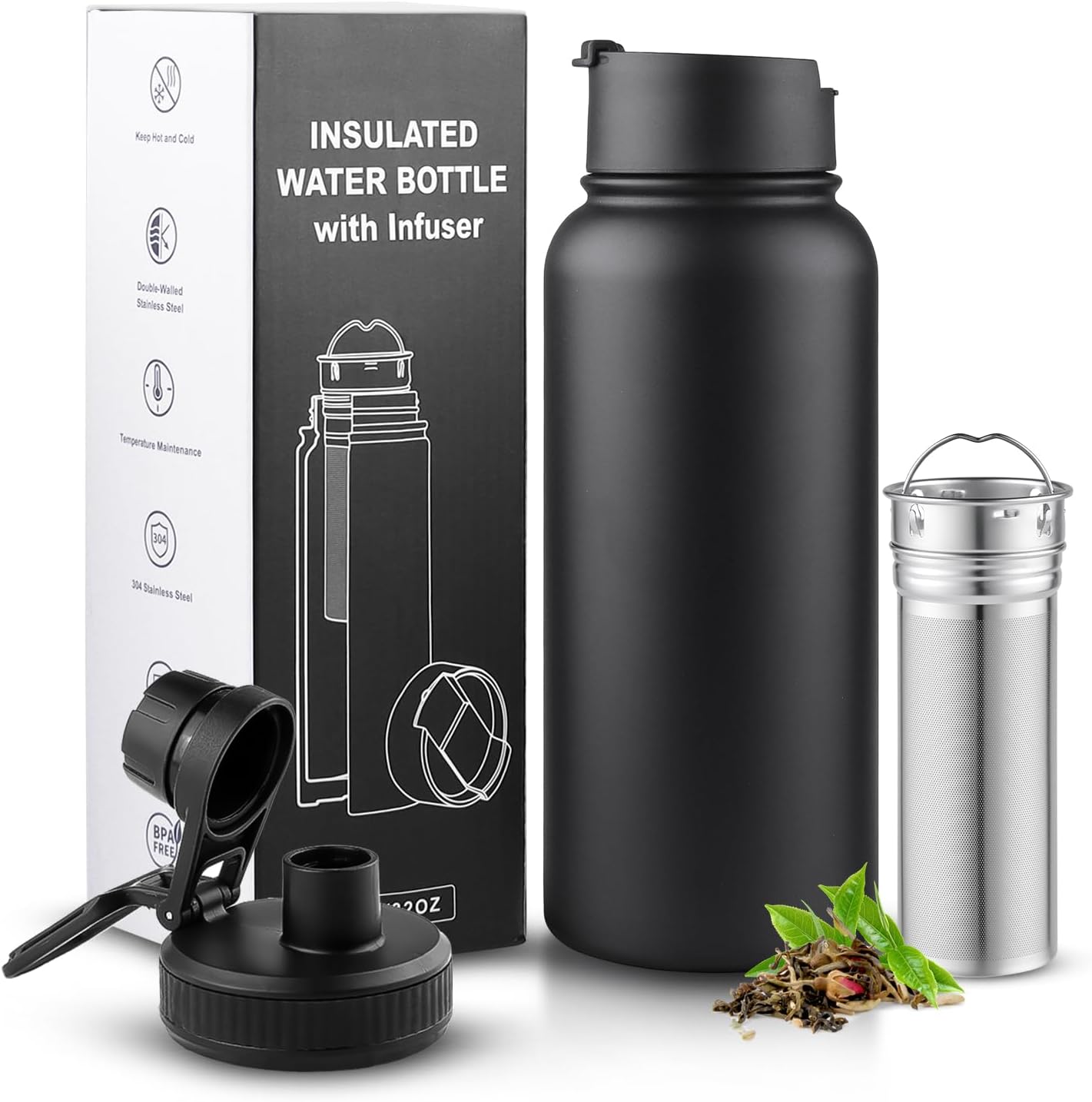 Sivaphe Tea Infuser Bottle With Removable Loose Leaf Tea Strainer Cup 18/8 Stainless Steel Portable Insulated Travel Tea Tumbler Black