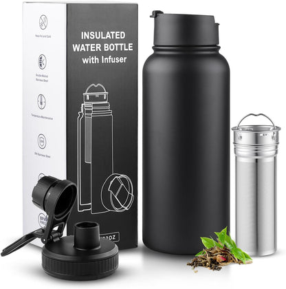 Sivaphe Tea Infuser Bottle With Removable Loose Leaf Tea Strainer Cup 18/8 Stainless Steel Portable Insulated Travel Tea Tumbler Black