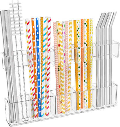 Mpotmiy 9.5” Large Acrylic Straw Holder for Cabinet Door-Reusable Tumbler Straw Organizer with Ultra Sticky Adhesive Tape ,Plastic Kitchen Accessories Container for Inside Cupboard Door (Transparent)