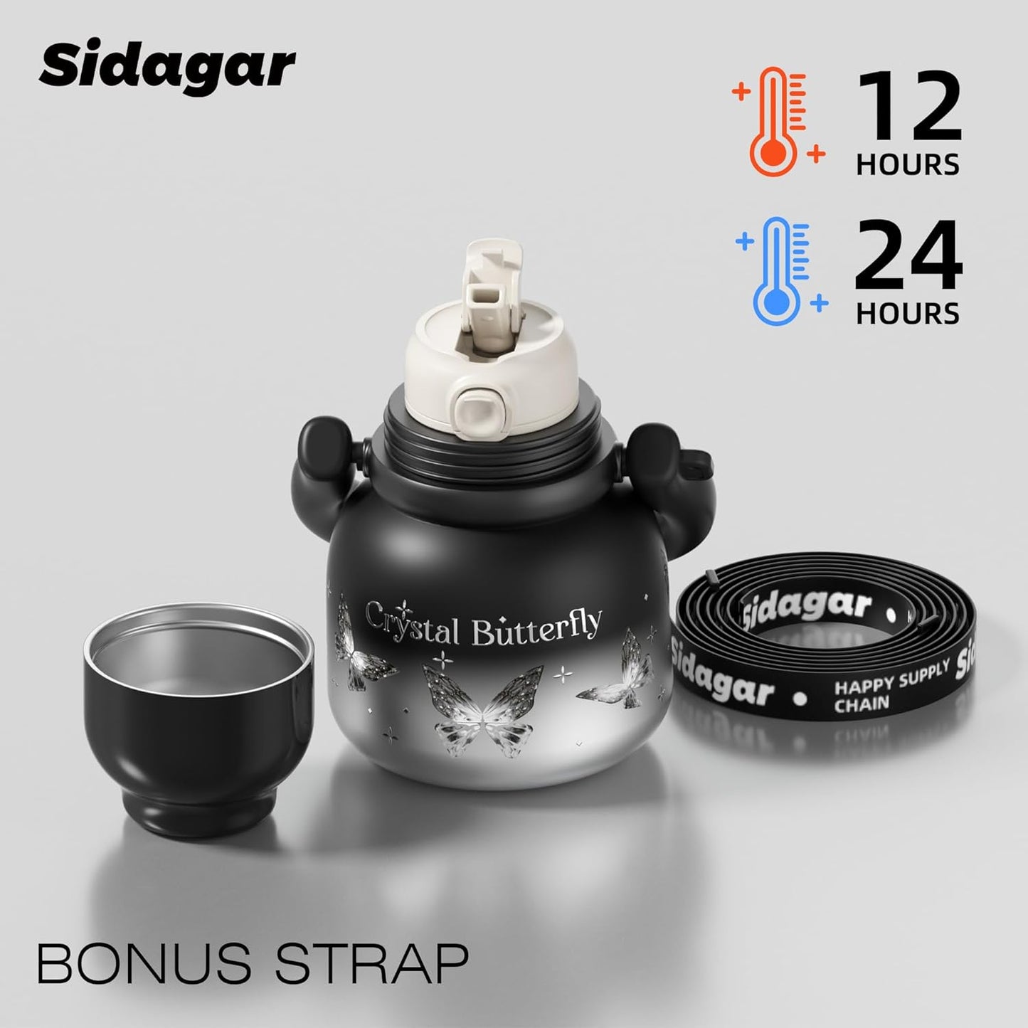 22 oz Water Bottle with Straw and Bowl, Unique Insulated Stainless Steel Tumbler, Spill-proof Reusable BPA-Free Cup, Pilates Wellness Study Travel, with Bonus Strap - Chocolate Black
