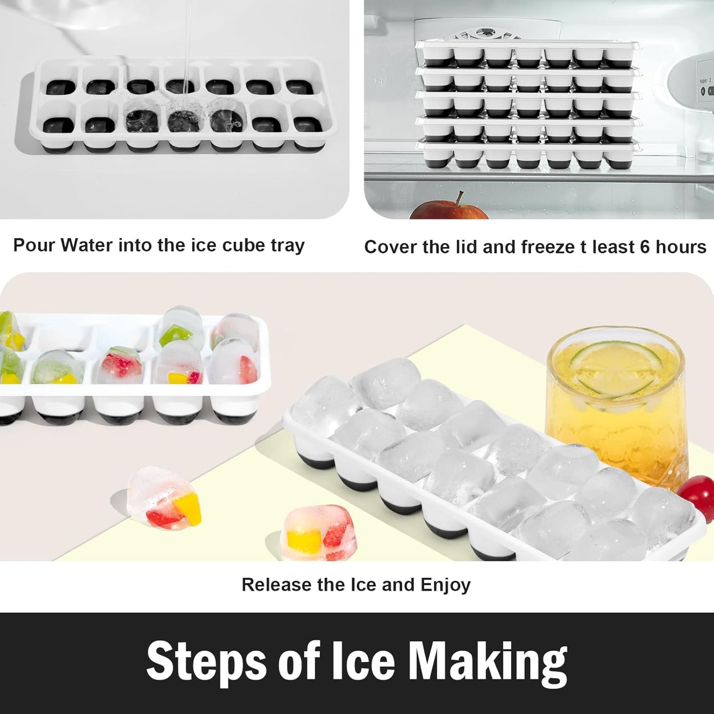 3 Pack Ice Cube Trays with Lid for Freezer, Flexible Silicone Bottom for Easy Release, Stackable Space-Saving Ice Molds, 1.2" Cubes Color-Coded (2 Green 1 Blue) for Juice, Coffee & Cocktails, BPA Free