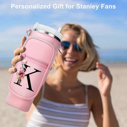 LOKASS Personalized Water Bottle Holder with Strap for Stanley Cup Accessories 40 oz, Initial for Stanley Cup Holder Carrier Bag with Phone Pocket, Stylish Tumbler Accessories for Daily Use Hands-Free