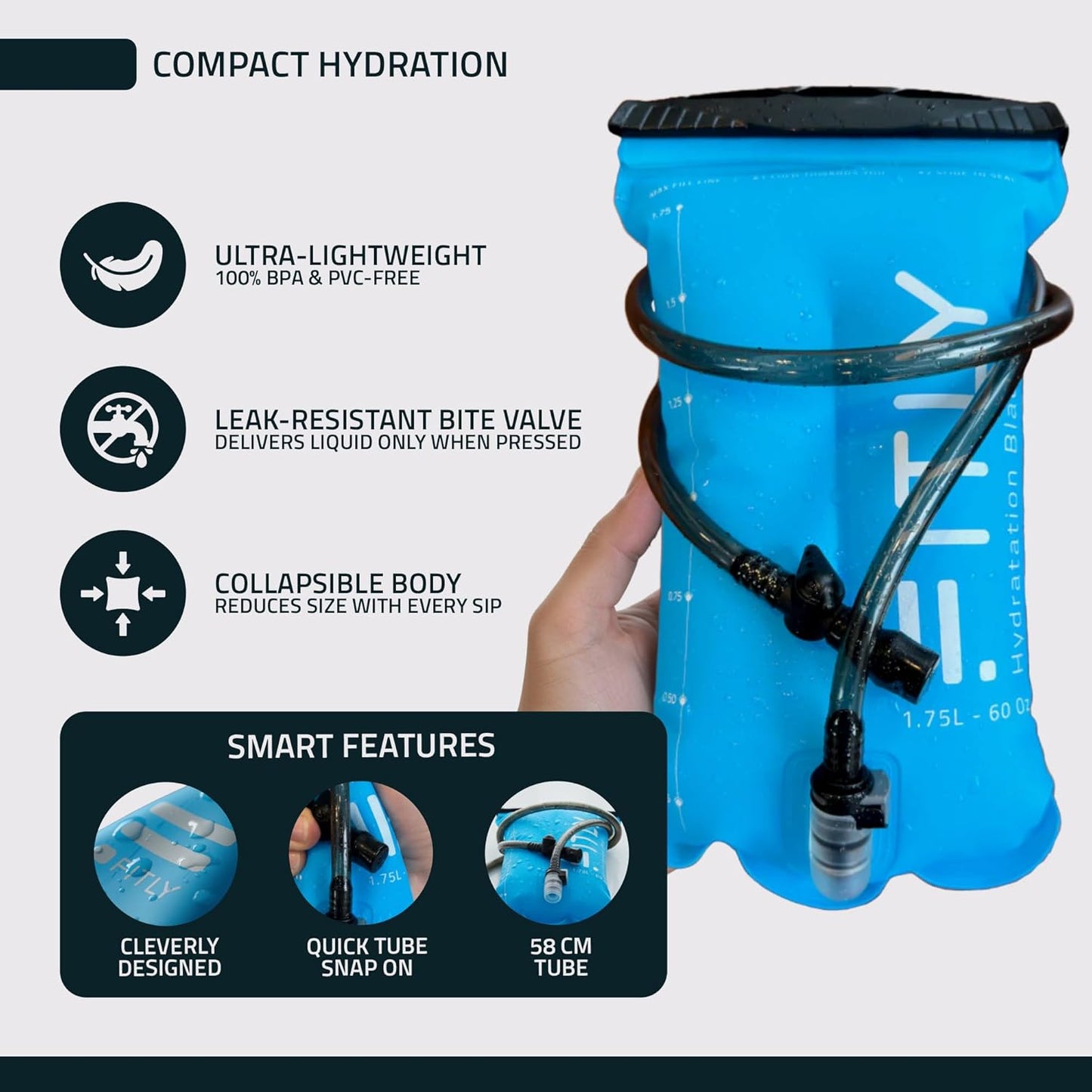 FITLY Soft Flask - Shrink As You Drink Soft Water Bottle for Hydration Pack - Folding Water Bottle Ideal for Running, Hiking, Cycling, Climbing & Rigorous Activity