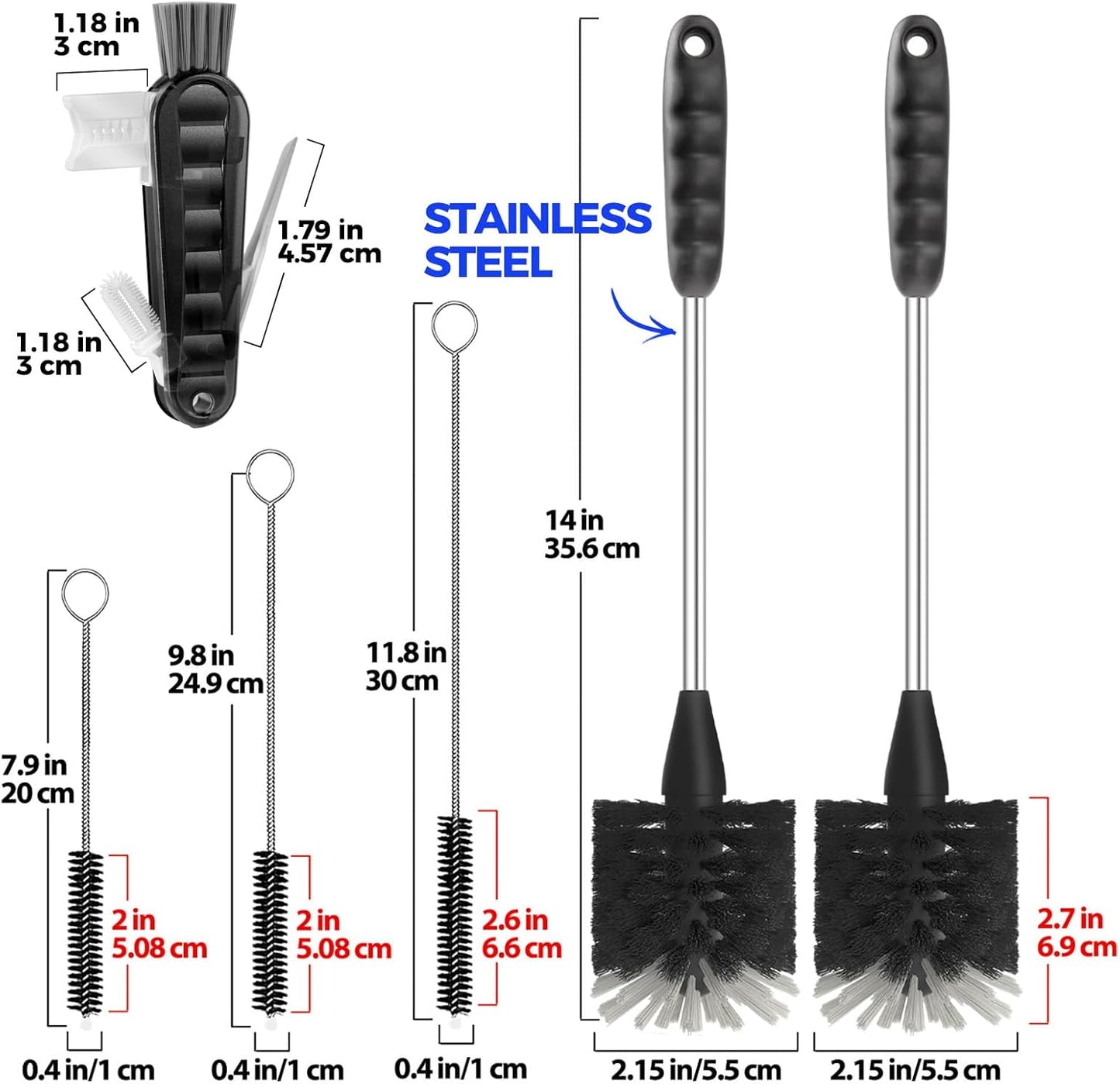 Holikme 6 Pack Bottle Brush Set, 14" Long Handle Stainless Steel Bottle Cleaner Brush, 3 Straw Brushes, 4-in-1 Bottle Cleaning Brush for Water Bottle, Antistatic Lab Brushes Straws, Black