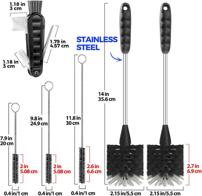 Holikme 6 Pack Bottle Brush Set, 14" Long Handle Stainless Steel Bottle Cleaner Brush, 3 Straw Brushes, 4-in-1 Bottle Cleaning Brush for Water Bottle, Antistatic Lab Brushes Straws, Black