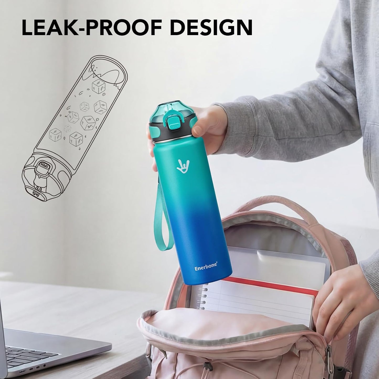 Enerbone 24 oz Insulated Water Bottle, Stainless Steel Bottle with Carrying Strap, Double-Wall Vacuum Insulation Design, Leakproof Sports Bottle with Straw, Keep Drinks Cold or Hot for Hours