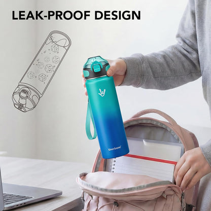 Enerbone 24 oz Insulated Water Bottle, Stainless Steel Bottle with Carrying Strap, Double-Wall Vacuum Insulation Design, Leakproof Sports Bottle with Straw, Keep Drinks Cold or Hot for Hours