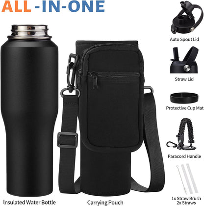 Insulated Water Bottle 40 oz - Fits in any Car Cup Holder, Keep Cold 48H Hot 24H, Stainless Steel Waterbottle Double Wall Flask with Straw, Pop-up Spout Lid, Paracord Handle, Carrier Bag