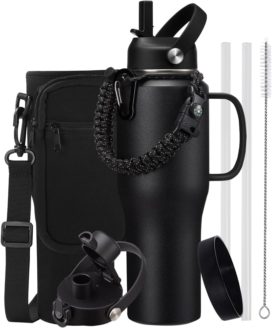 Insulated Water Bottle 40 oz - Fits in any Car Cup Holder, Keep Cold 48H Hot 24H, Stainless Steel Waterbottle Double Wall Flask with Straw, Pop-up Spout Lid, Paracord Handle, Carrier Bag