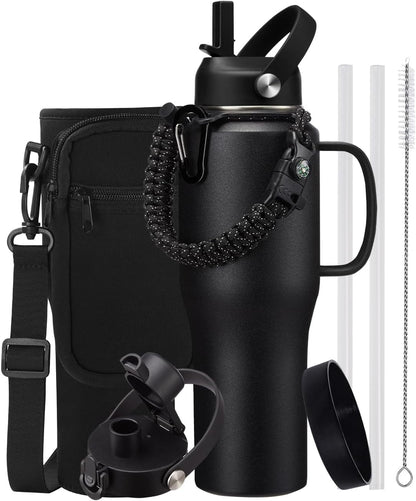 Insulated Water Bottle 40 oz - Fits in any Car Cup Holder, Keep Cold 48H Hot 24H, Stainless Steel Waterbottle Double Wall Flask with Straw, Pop-up Spout Lid, Paracord Handle, Carrier Bag