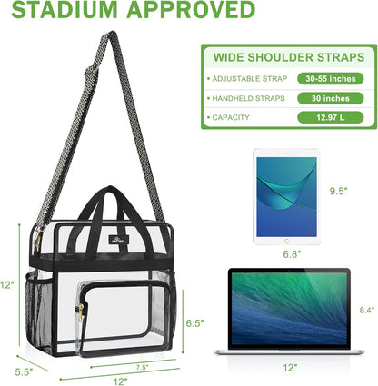 MAY TREE Clear Bag for Stadium Events, 12×5.5×12 Clear Tote Lunch Bag with Non-detachable Reinforced Straps for Work, Sporting Events and Gym, Black