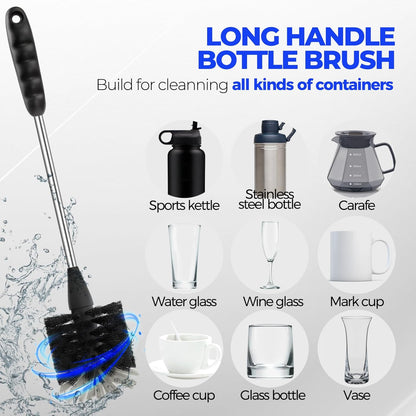 Holikme 6 Pack Bottle Brush Set, 14" Long Handle Stainless Steel Bottle Cleaner Brush, 3 Straw Brushes, 4-in-1 Bottle Cleaning Brush for Water Bottle, Antistatic Lab Brushes Straws, Black