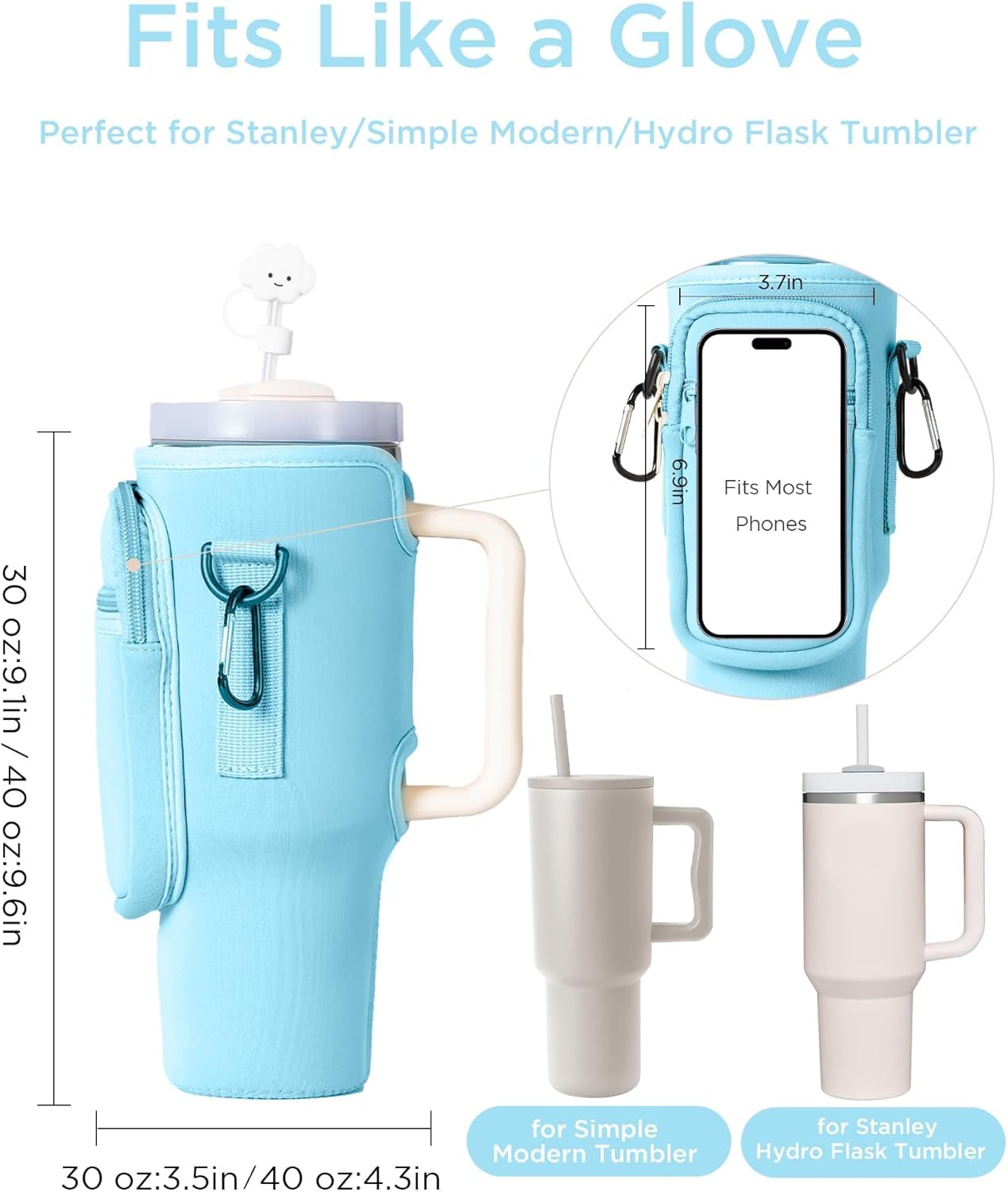 dabria Water Bottle Carrier Bag with Phone Pocket for Stanley 40/30 oz Tumbler Neoprene Water Bottle Holder Pouch with Adjustable Strap Bollus with Straw Cover for Stanley Cup Accessories