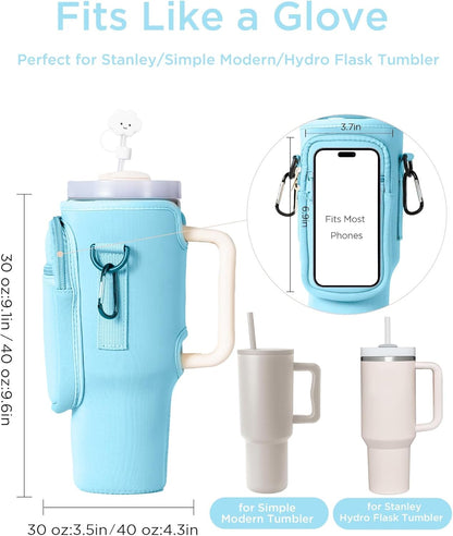 dabria Water Bottle Carrier Bag with Phone Pocket for Stanley 40/30 oz Tumbler Neoprene Water Bottle Holder Pouch with Adjustable Strap Bollus with Straw Cover for Stanley Cup Accessories