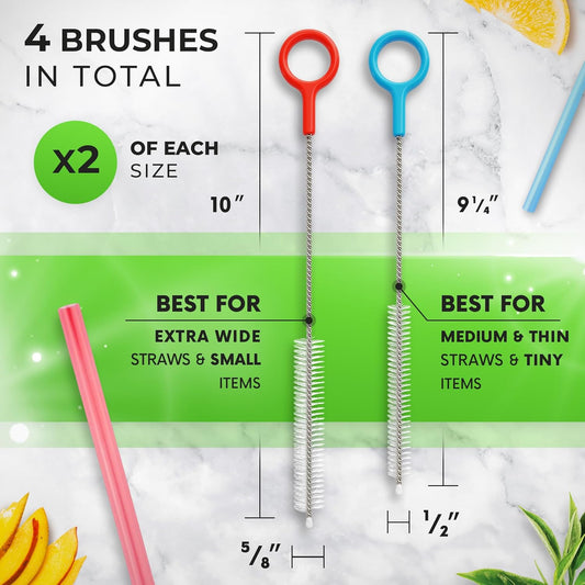 Buenalife Heavy Duty Cleaning Brushes Set of 4 - Extra Long Straw Cleaners for Metal and Plastic Reusable Drinking Straws, to Clean Small Spaces, Sippy Cups, Water Bottles - Sturdy Hard Brush Bristles