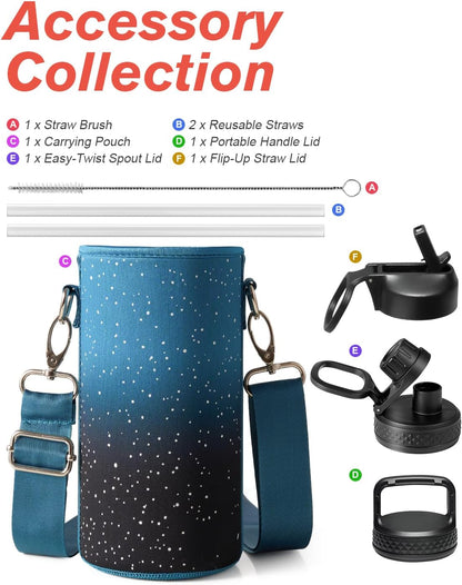 Half Gallon Water Bottle Insulated with Straw & 3 Lids, Coolflask 64 oz Water Jug Large Metal Stainless Steel Wide Mouth for Sports, Gym or Office, Non-BPA Keep Cold 48H Hot 24H, Samurai Cyan
