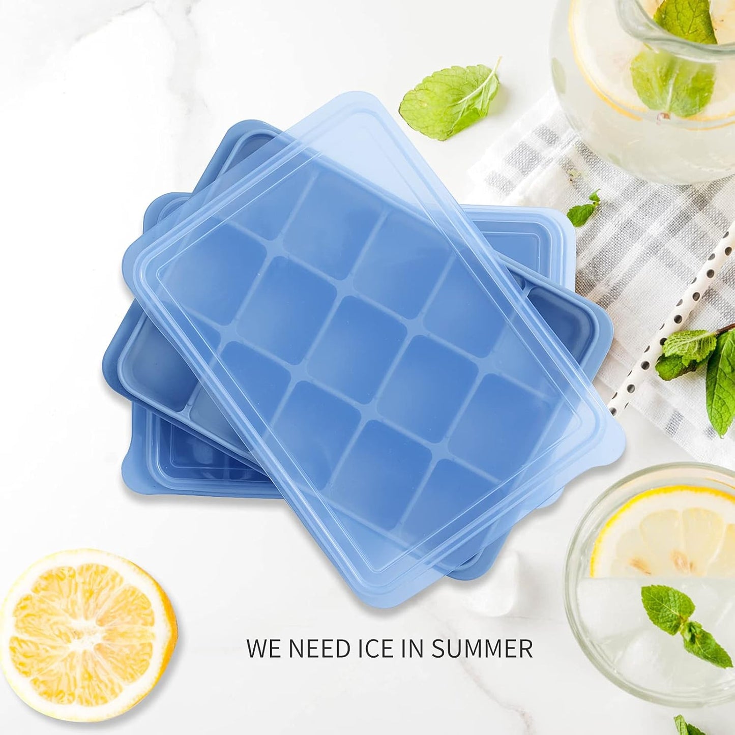 Ice Cube Trays Set of 2, Easy Release 15 Flexible Silicone Ice Cube Molds with Removable Lid Reusable Freezer Ice Trays Stackable for Whiskey, Baby Food, BPA Free (BAMBOO GREEN)