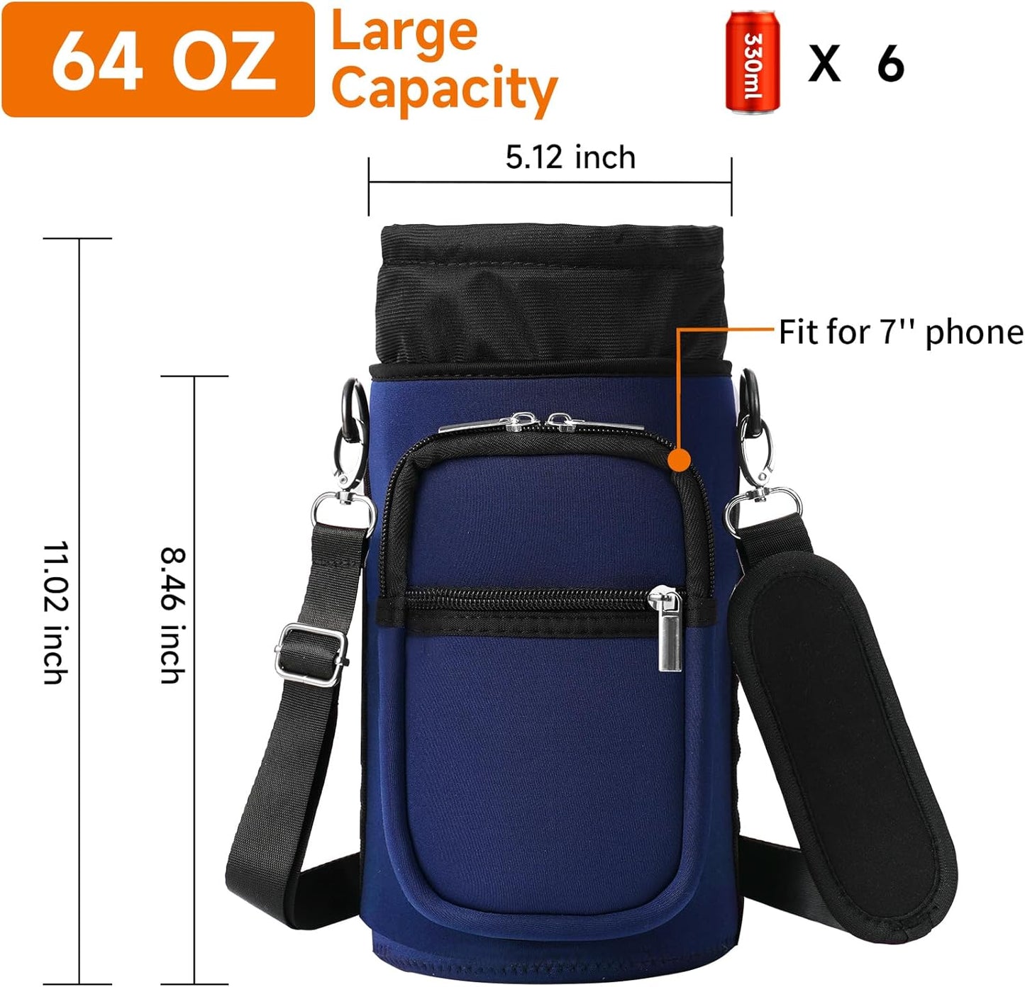 AceTreker 32/40/64/128 oz Neoprene Insulated Water Bottle Carrier Bag, Sling Bag Sleeve Pouch Holder with Strap & Paracord Handle and 2 Pocket for Travelling, Hiking, Camping