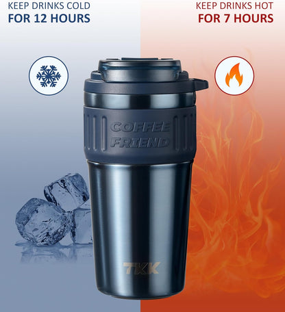 TKK Insulated Coffee Mug with Ceramic Coating, 21oz Iced Coffee Tumbler Cup with Straw Lid Double Wall Vacuum Leak Proof Travel Mug with Strap for Hot and Iced Beverage, Tungsten Steel