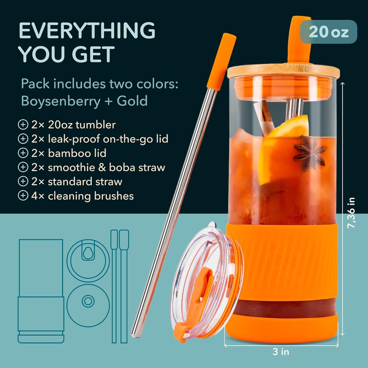 Pandaloo® Glass Cups With Lids and Straws -20 Fl Oz- Perfect Size Iced Coffee Cup - Smoothie Cup With Bamboo Lid and On the go Lid - Glass Tumbler With Straw (1 Count (Pack of 1), Lilac Rhapsody)
