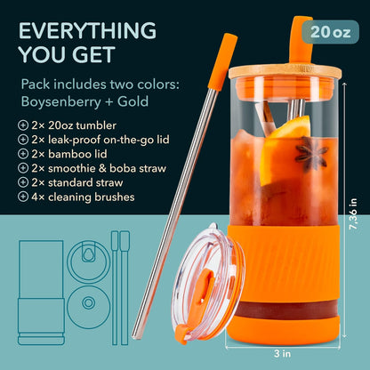 Pandaloo® Glass Cups With Lids and Straws -20 Fl Oz- Perfect Size Iced Coffee Cup - Smoothie Cup With Bamboo Lid and On the go Lid - Glass Tumbler With Straw (1 Count (Pack of 1), Lilac Rhapsody)