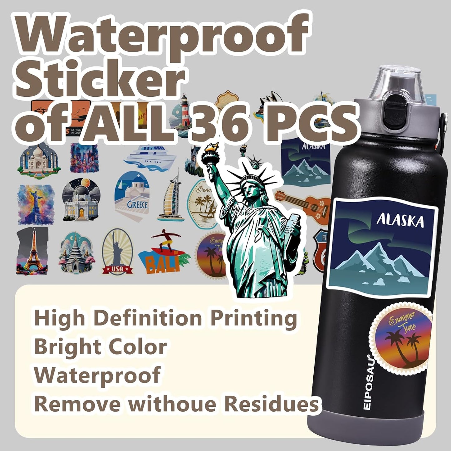 Insulated Water Bottle with Lid & Boot & Stickers, 24 oz Stainless Steel Sweat Free Bottle Keep Cold 24H, BPA-Free Sports Wide Mouth Water Bottle, BlueBlack