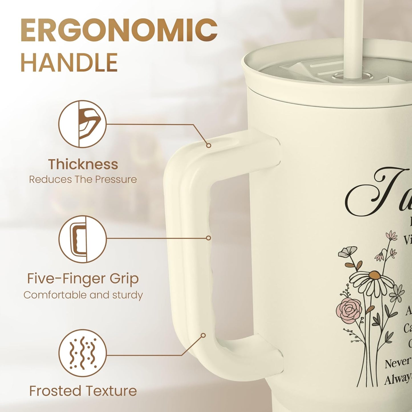 Floral Tumbler with Handle 40oz, Stainless Steel Insulated Tumblers Coffee Travel Mug Cup with Straw, Flower Coffee Cup Gifts for Women Girls, Gift for Her on Christmas Birthday Mothers Day