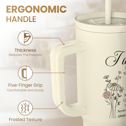 Floral Tumbler with Handle 40oz, Stainless Steel Insulated Tumblers Coffee Travel Mug Cup with Straw, Flower Coffee Cup Gifts for Women Girls, Gift for Her on Christmas Birthday Mothers Day